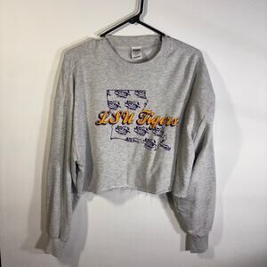 PINK LSU Tigers Cropped Sweatshirt Gray Long Sleeve Raw Hem S